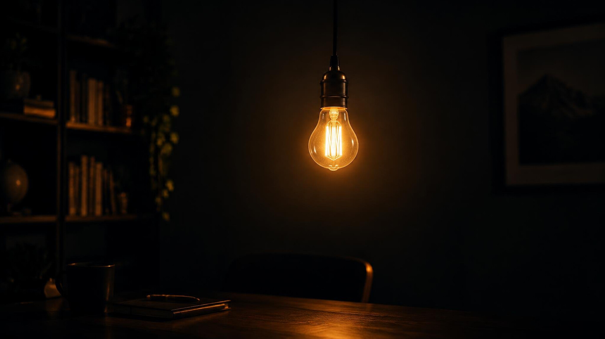 Glowing lightbulb in a dark room