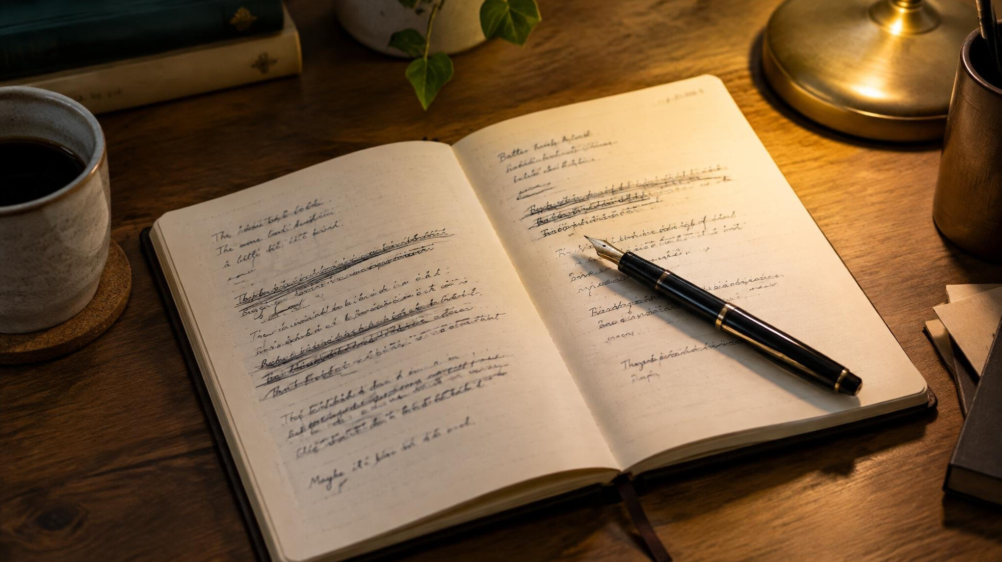 Open notebook with handwritten notes and a pen