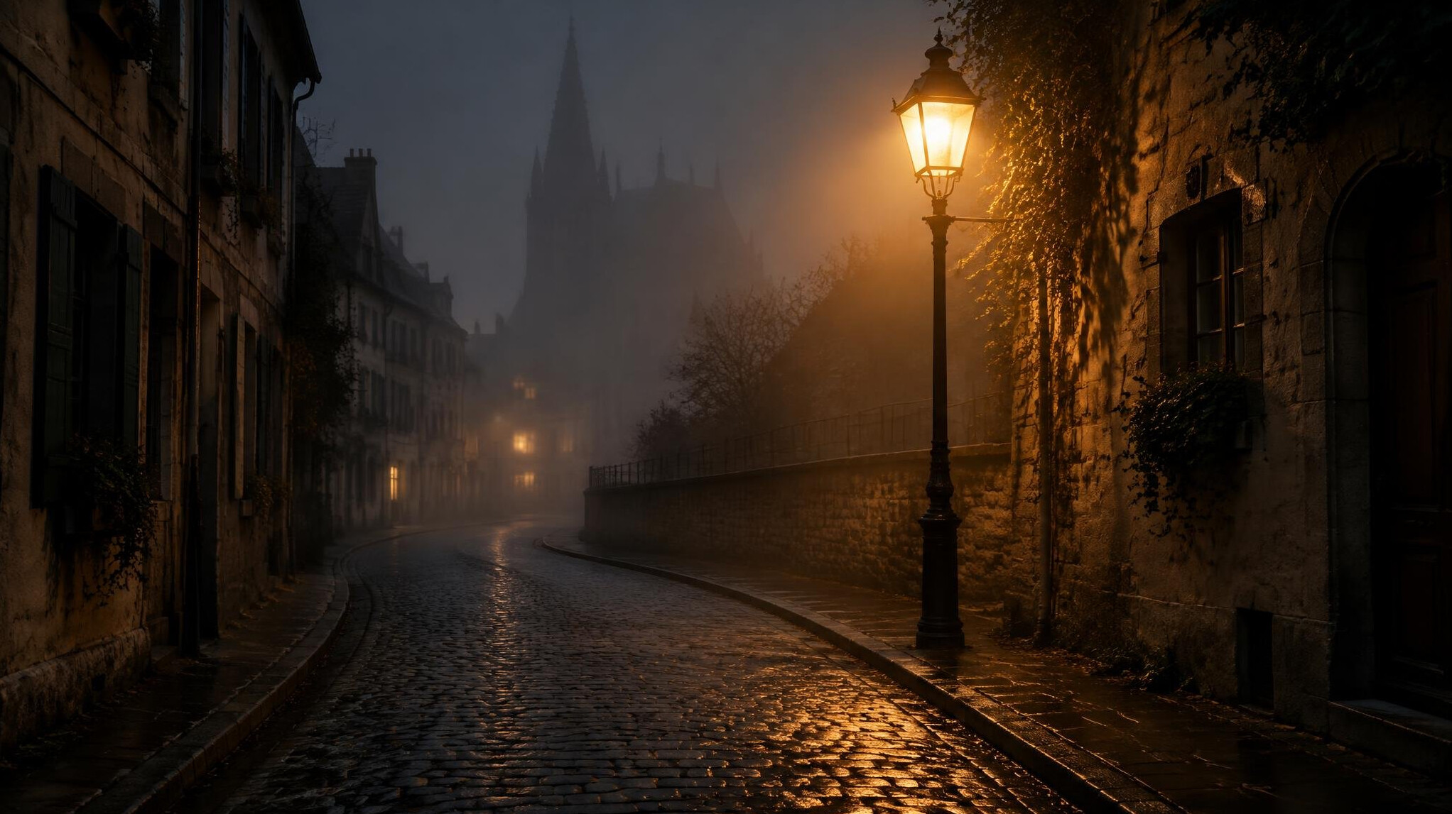 Foggy city street at night with a single streetlamp