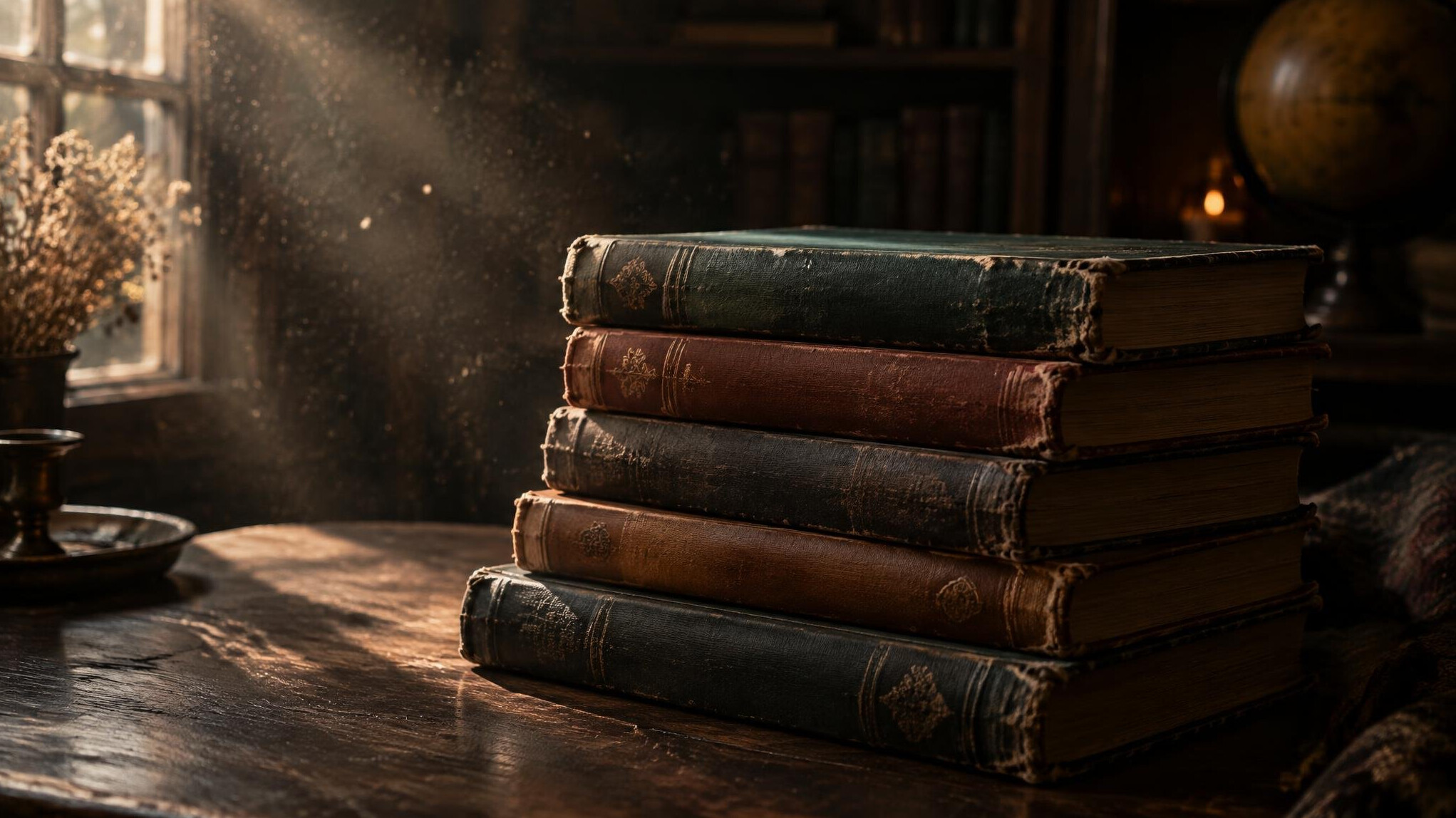 Stack of old mystery novels on a wooden table