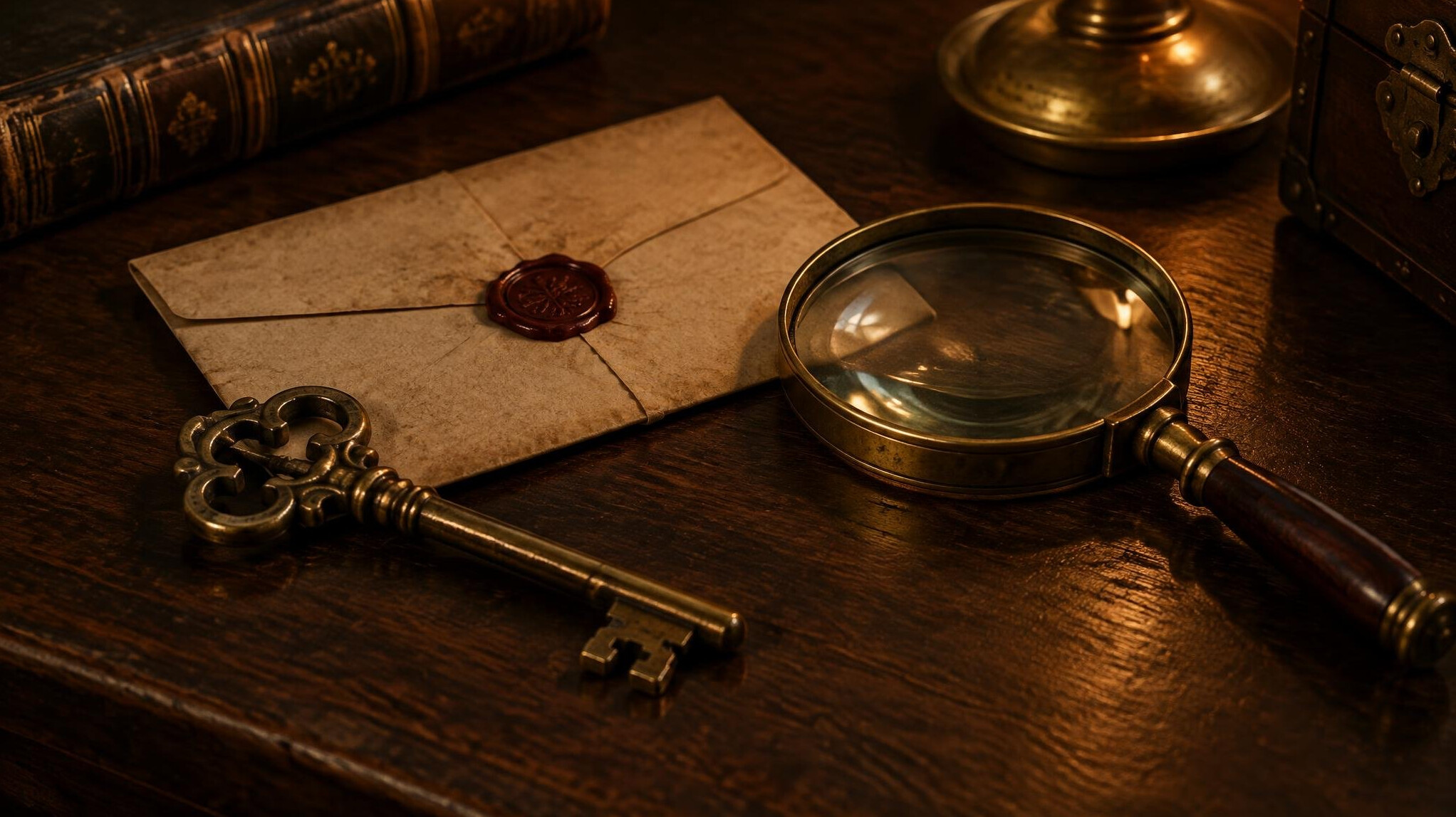 Vintage key and magnifying glass on a dark wooden table